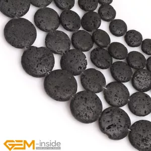 Cuentas espaciadoras de monedas de piedras preciosas volcánicas de lava negra natural para hacer joyas de 15" - Imagen 1 de 18