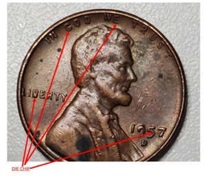 1957 D wheat cent with die chips and Interior Die Break/strike through - Picture 1 of 7