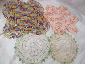 Vintage 4 hand Crochet Doilies pink green white yellow blue melon - Picture 1 of 5