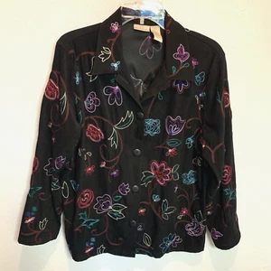 Koret Embroidered Black Floral Blazer Jacket Women's Size Med Colorful Velvet - Picture 1 of 5