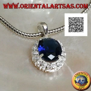 Ciondolo in Argento 925‰ zircone color zaffiro ovale con intorno zirconi bianchi - Foto 1 di 2