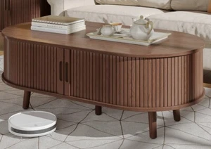 Mid Century Modern Oval Coffee Table with 360° Sliding Tambour Doors 42"Wide - Picture 1 of 9