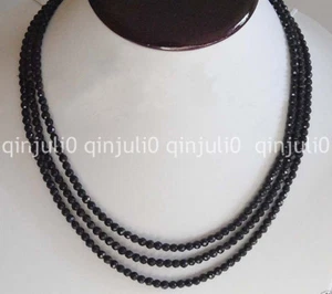 4mm FACETED GENUINE NATURAL BLACK ONYX GEMSTONE ROUND BEADS LONG NECKLACE 58" - Picture 1 of 6