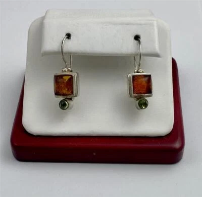 Sterling Silver Cognac Amber & Peridot Cabochon Dangle Earrings - Image 1 of 4