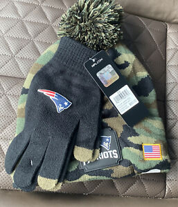 NFL New England Patriots Salute To Service Green Camo Beanie Hat Gloves Set USA