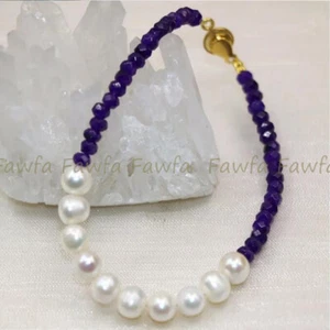 Natural Faceted 2x4mm Purple Amethyst 7-8mm White PearlGems Bead  Bracelet 7.5'' - Picture 1 of 8