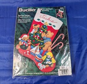 Bucilla Teddy Bear Christmas diagonal felt applique stocking 1996 sealed 83401