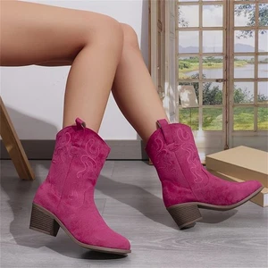 Women's Western Riding Boots Embroidered Round Toe Chunky Heels Mid Calf Shoes - Picture 1 of 11