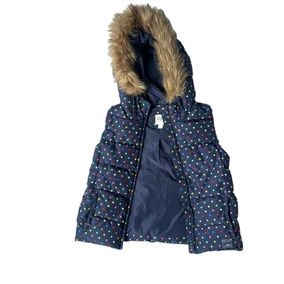 Chaleco acolchado Gap Kids mediano 8-9 PrimaLoft con capucha azul marino a lunares Foto 1 de 4