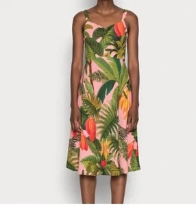 Farm Rio rosa Kakaowald gerippt A-Linie Strick Midi Kleid Medium NEU Neu ohne Etikett - Bild 1 von 9