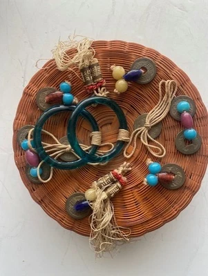 Vintage Chinese Sewing Basket Peking Glass Beads Bangles Coins and Tassels-sign - Image 1 of 4