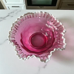 Vintage Fenton Cranberry Glass Bowl with Snow Crest Ruffled Edge - Fenton Glass - Picture 1 of 8