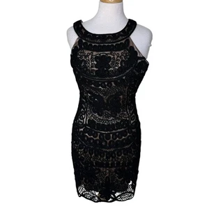 SUE WONG Nonturne Crochet Lace High Neck Mini Dress Size 4 Black - Picture 1 of 15