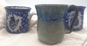 3 Hand Thrown Glazed Pineapple Mug/Cup Blue & White Set & Green Teal SIGNED - Picture 1 of 13