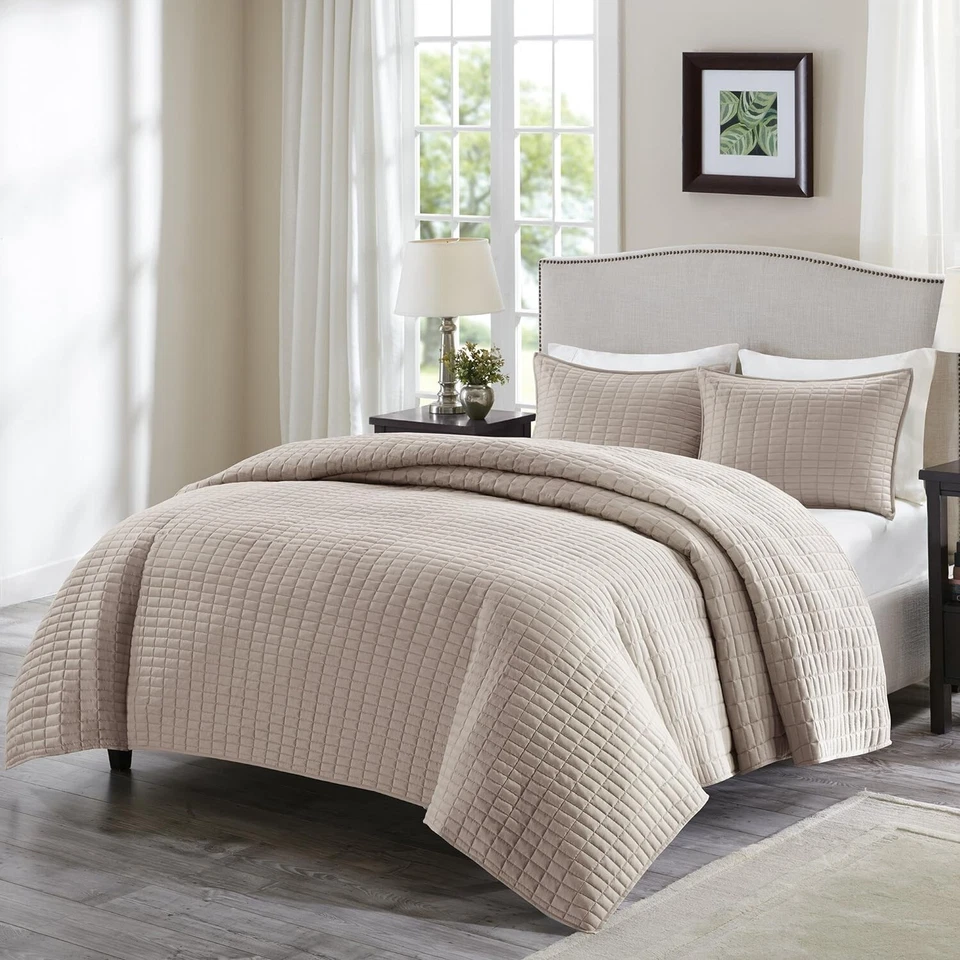 Comfort Spaces Kienna Quilt Mini Set 3 Piece Taupe Stitched Pattern Full/queen