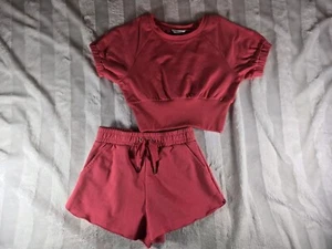 HABITUAL Girls Puff Sleeve Raw Hem Knit Crop Top & Shorts Set Peach Coral 10 - Picture 1 of 19