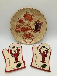 Woven Faux Bamboo Crab and Lobster Serving Tray with Lobster Hot Mitts Cape Cod - Picture 1 of 8