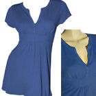 NEUF T-shirt femme à col en V haut taille Empire casquette manches courtes bouton bleu royal