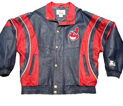 Cleveland Guardians Bomber Jacket Mens Med Vintage Starter Leather Chief Wahoo - Image 1 of 4