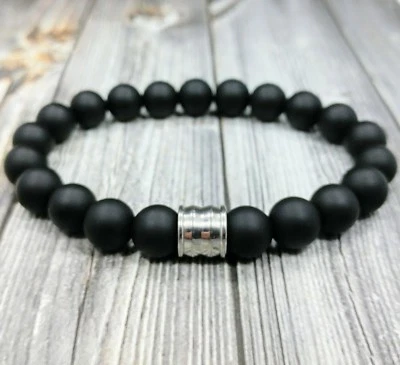 Brazalete moderno de 8"L de acero inoxidable de 10 mm con cuentas de piedras preciosas de ónix negro mate para hombre Foto 1 de 4