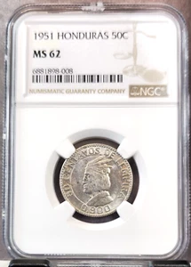 1951 HONDURAS SILVER 50 CENTAVOS NGC MS 62 SCARCE MINT STATE - Picture 1 of 3