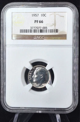 1957 Proof Roosevelt 90% Silver Dime 10C NGC PF66 Collectable Vintage Brown Case - Image 1 of 2
