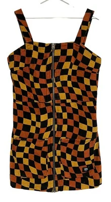 Vestido Vans Mujer XL Negro Naranja Amarillo Cuadros Pana Cremallera Frontal Mini Foto 1 de 4