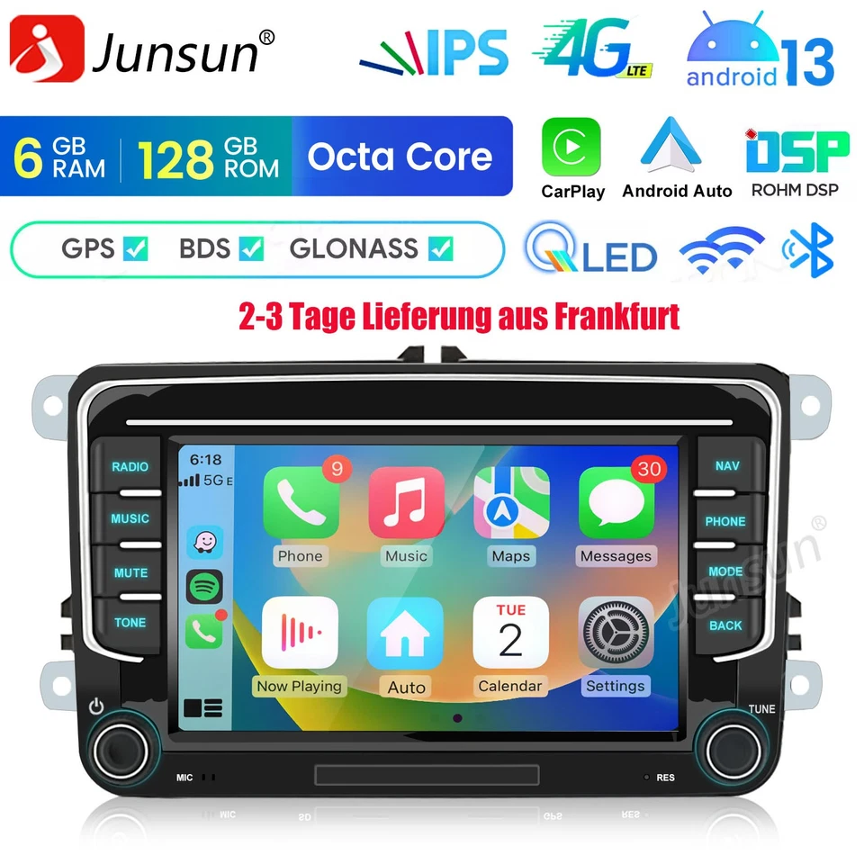 6+128G Carplay Für VW GOLF 5 6 Touran Tiguan Passat Autoradio GPS Navi BT DAB FM - Bild 1 von 4