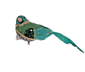 Mackenzie Childs Emerald Luxe Courtly Check Bird Ornament Clip On, Left Facing - Picture 1 of 5