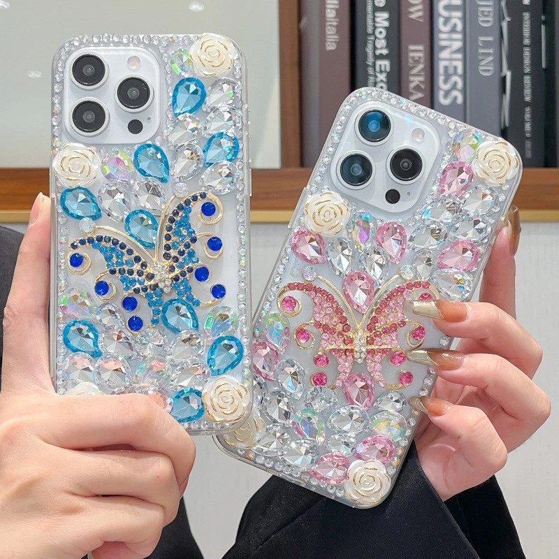 IPhone 16 Pro Case Rhinestone Butterfly Flower Design Full Cover Glitter Phone - Image 1 of 4