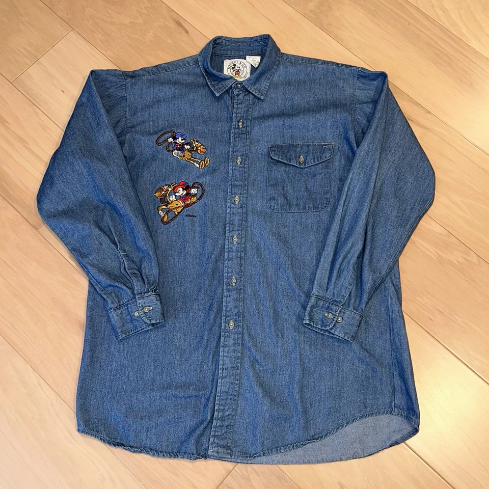 Camisa Vaquera Vintage Disney Mickey & Minnie Denim Abotonada Azul Para Hombre’s Grande Foto 1 de 4