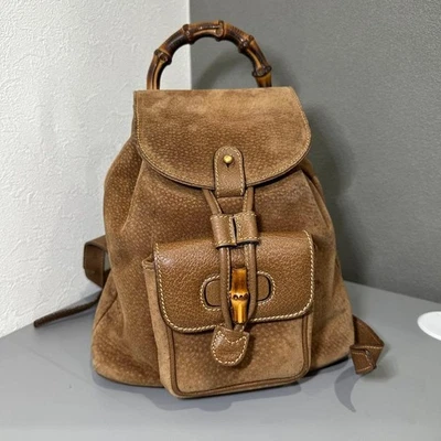 Gucci Bambú Mini Mochila Bandolera Cordón Gamuza Cuero Marrón Dorado Unisex Foto 1 de 4