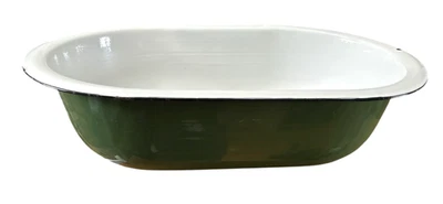 Large Enamel Ware Tub Basin Oval Wash Bowl 27” White Green Baby Bath Farmhouse - Image 1 of 4