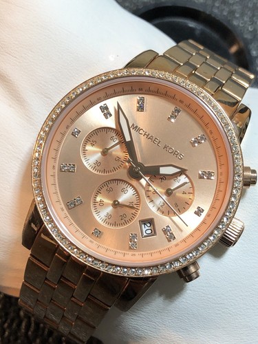 Orologio Michael Kors Ritz Oro Rosa Cristallo Cronografo Bracciale MK6343 Nuovo Bat