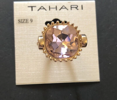 Tahari Gold Tone & Square Pink Cubic Zirconia Cocktail Ring Size 9 NWT - Image 1 of 4