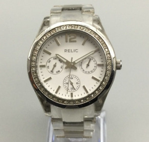 Relic Watch Women Silver Tone Date Day Pave Crystals Clear Band New Battery 6.5"