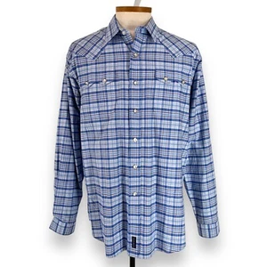 Panhandle Slim Pearl Snap Shirt Size Large Rough Stock Western Blue White Plaid - Picture 1 of 11