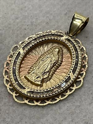 Solid 14K Tricolor Gold White CZ VIRGIN MARY Religious Charm Medallion Pendant - Image 1 of 4