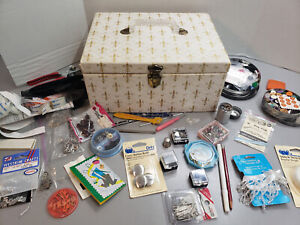 Sewing Lot with Vintage PROTEX Quilted Vinyl Sewing Box White Gold Fleur De Lis