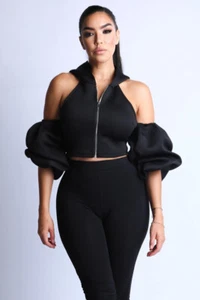 Women's Cold Shoulder Puff Sleeve Crop Top With Hoodie And Matching Pants Set - Picture 1 of 40