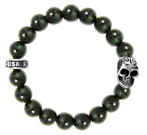 KING BABY K40-5276 10MM BLUE TIGER EYE BRACELET W/DAY OF THE DEAD SKULL M 8.75" - Picture 1 of 1