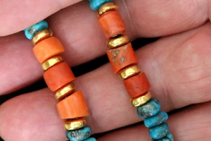 Necklaces With Old Yemenite Red Coral, Iranian Turquoise & Gold 925 Silver Beads - Picture 1 of 7