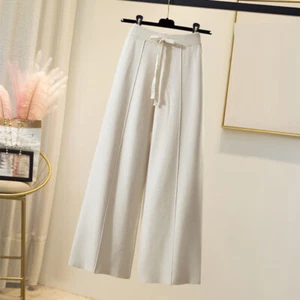 Women's Knitted Trousers Wide Leg Straight Pants Loose High Waist Loose Pants - Picture 1 of 8