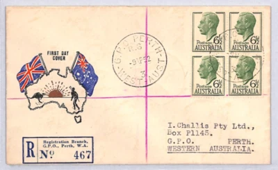 AUSTRALIA KGVI 1952 FDC Perth ILLUSTRATED First Day Cover 6½d BLOCK{4} YN184 - Image 1 of 4