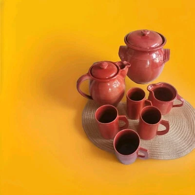 Tontopf Rumtopf Bowletopf mit Deckel, 4 Becher, 1 Krug und 1 Kännchen Handarbeit - Bild 1 von 3