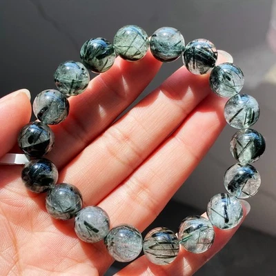 11.2mm Natural Green Tourmaline Rutilated Quartz Crystal Beads Bracelet 042 - Image 1 of 4