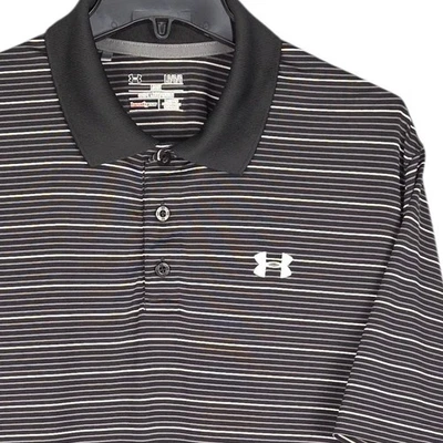 Camisa polo de golf Under Armour grande negra blanca a rayas manga corta para hombre Foto 1 de 4