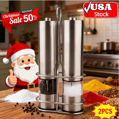 2X Electric Salt Pepper Grinder Mill Shakers Set Adjustable Stainless steel Base - Image 1 of 4