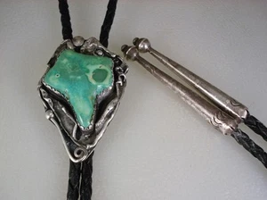 OLD Allen Pooyouma HOPI STERLING SILVER & TURQUOISE BOLO TIE - Picture 1 of 7