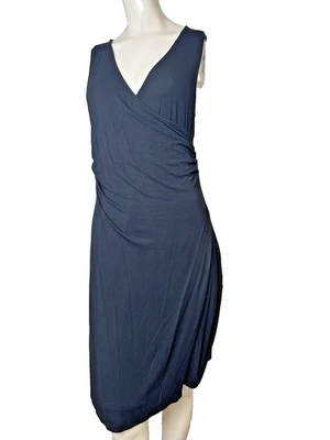 Antiguo Vestido Tencel Azul Marino Negro Sin Mangas Frontal Cruzado Imitación Envoltura Cintura Acanalada Grande Foto 1 de 4